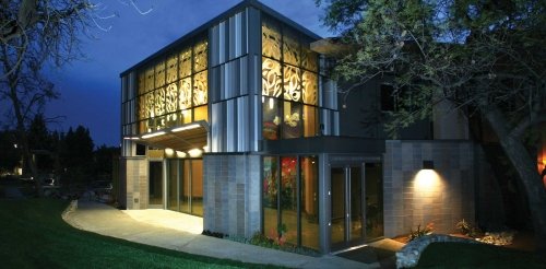 an outside view of benson auddtiorium at night