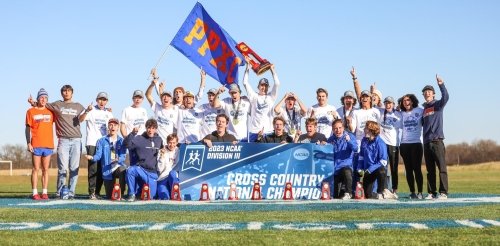 The Pomona-Pitzer Men's Cross-Country team celebrates after a national championship victory