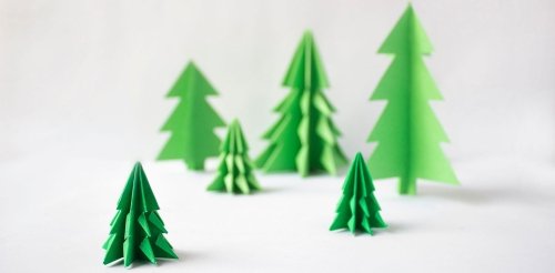 green construction paper pine trees sit against a white background