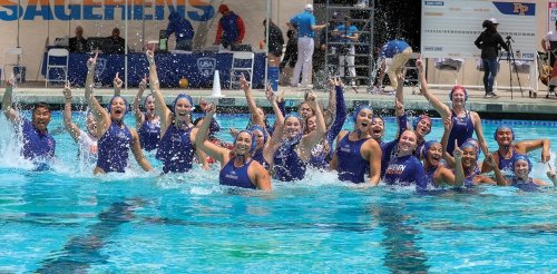 The Pomona-Pitzer Women's Water Polo team celebrates after a tournament win