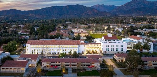 aerial view of the nucleus building at dusk with the san bernardino mountains in the background