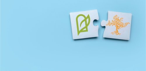 A puzzle piece with the Department of Natural Sciences logo and a puzzle piece with the Pitzer tree on a blue background