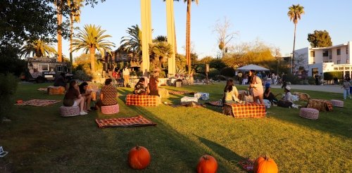 Harvest festival at Pitzer featuring students and pumpkins on campus
