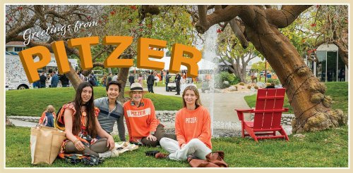 a group of alums sit on the mounds with the fountain behind them and with the words "greetings from Pitzer"