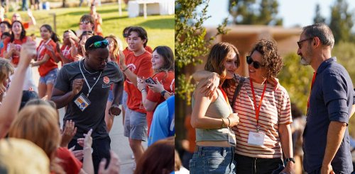 a new student dances down the the welcome line and a student and her family gather on the mounds