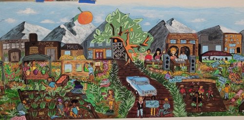 a mural of a town with mountains in the background