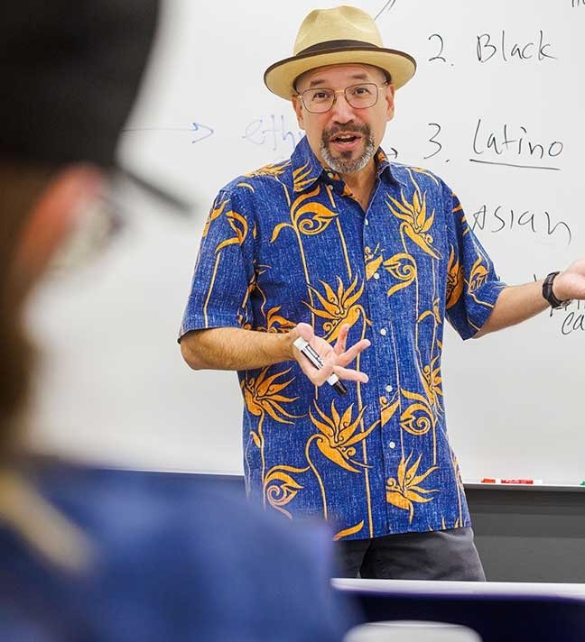 professor adrian pantoja wears a beige hat a tropical blue shirt while he lectures in front of a class