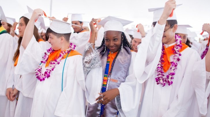 Pitzer students in commencement regalia moving their tassel from the right side to the left side of their cap.