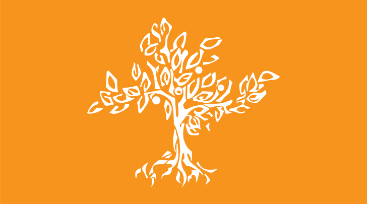 the white pitzer tree logo sits on a solid orange background