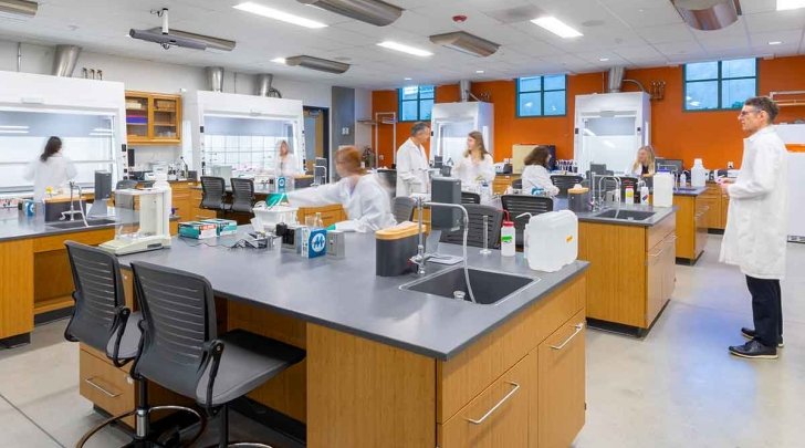 students interact with faculty in a lab