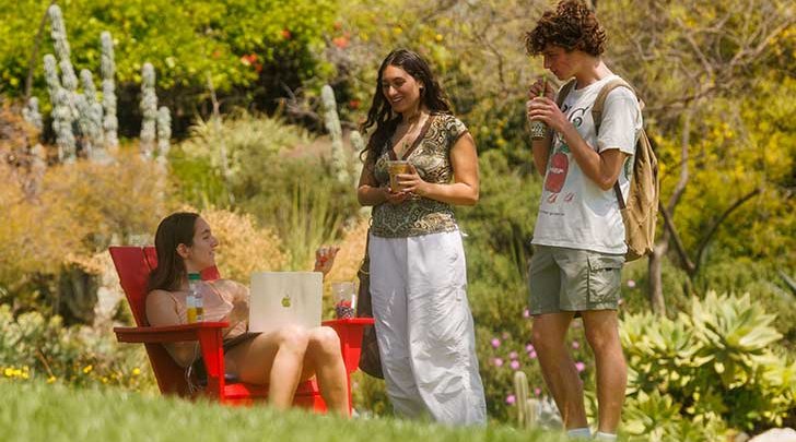 three students socialize on the mounds surrounded by lush greenery and cactus in the background