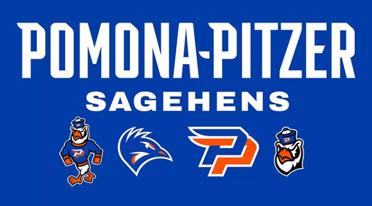 Bold white text reading Pomona-Pitzer Sagehens on a blue background with four distinct Sagehen mascot logos below.
