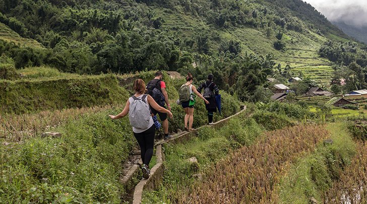 students with backpacks hike on a green mountain in vietnam