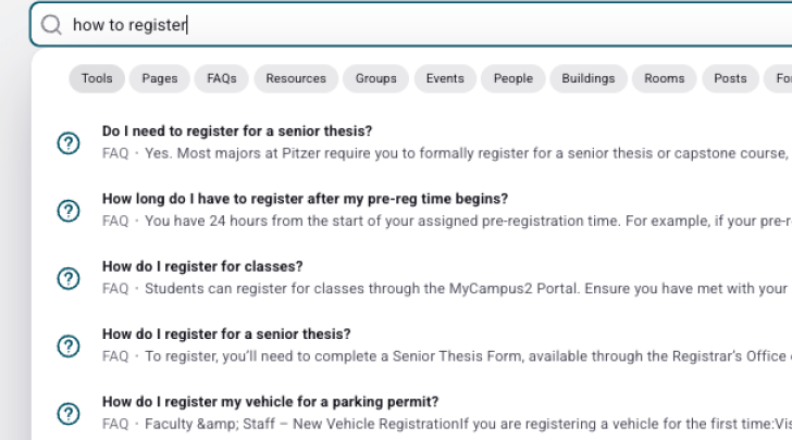view of a search results lists in the pitzer hub