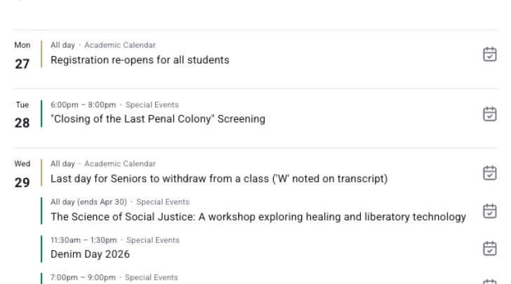 view of the calendar and events listing in the pitzer hub