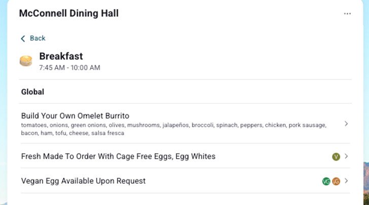 view of the dining hall menu widget in the pitzer hub