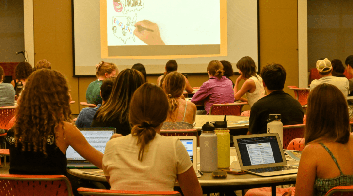 Students facing a screen during a training