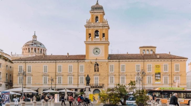 Italian plaza with yellow buildings
