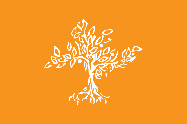 the white pitzer tree logo sits on a solid orange background