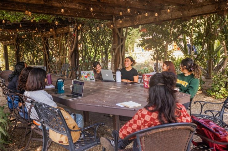 Students sit around a long table with their laptops in the Grove House outdoor classroom.