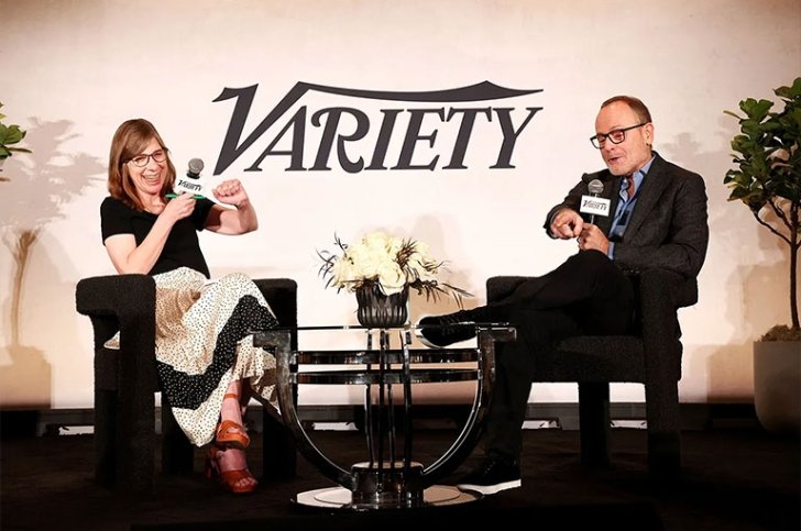 Variety Co-Editor-in-Chief Cynthia Littleton and John Landgraf sit together and speak on mics onstage during the Variety Business Managers Breakfast.