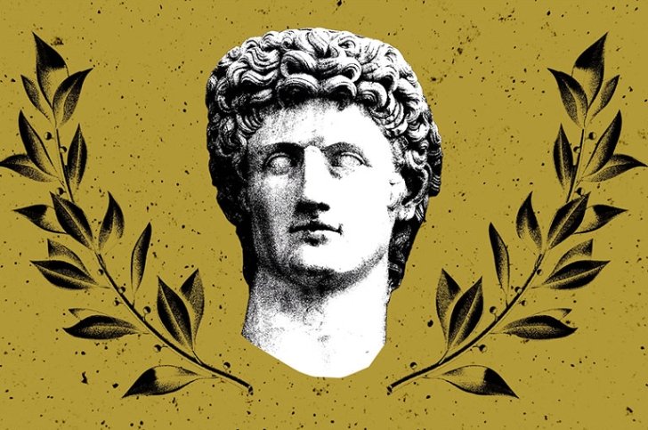 Illustration of a bust of a marble sculpture of a man's head with laurels on both sides.