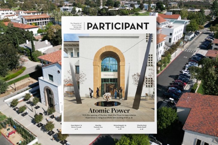 The cover of Participant magazine with a photo of the front of the Nucleus science building The cover overlays an aerial view of the Nucleus.