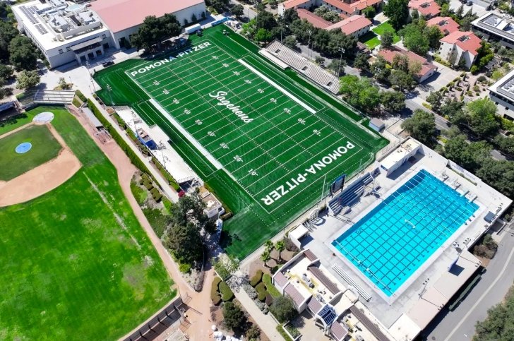 Overhead view of the Pomona-Pitzer football field, baseball field, pool, and athletic facilities.