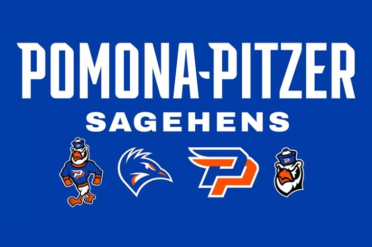 Bold white text reading Pomona-Pitzer Sagehens on a blue background with four distinct Sagehen mascot logos below.