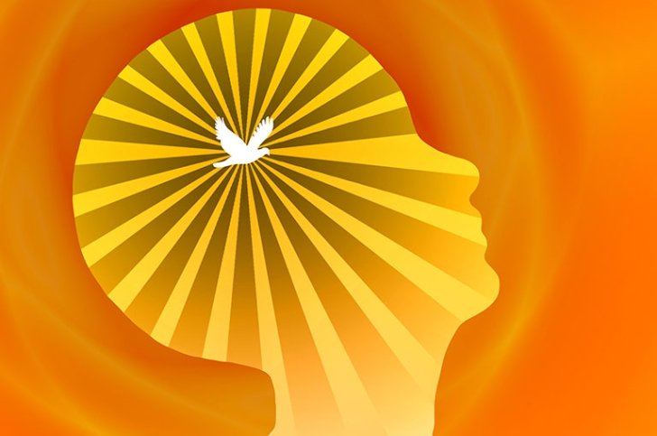 A dove radiates light inside a person's head