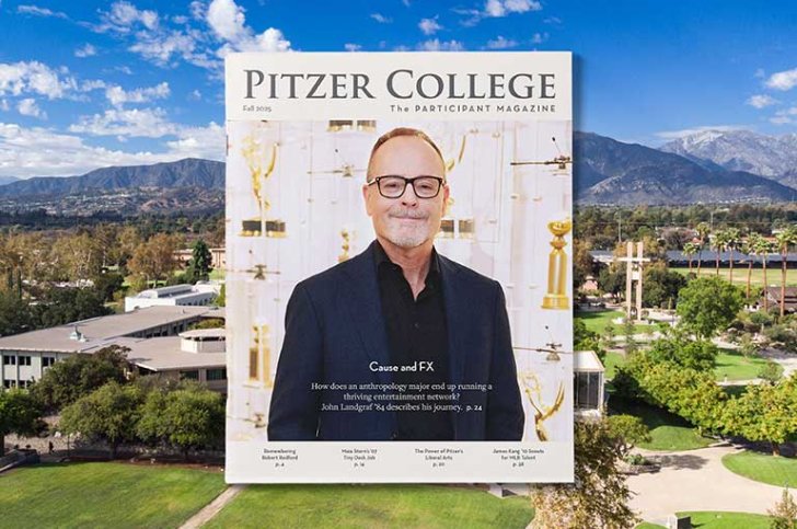 cover of the fall 2025 participant issue featuring john landgraf superimposed on a drone photo of the Pitzer College campus
