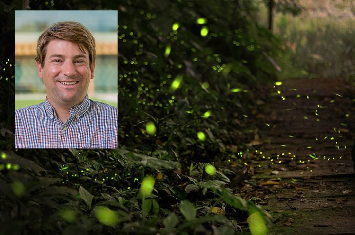 headshot of Aaron Leconte superimposed over an images of fireflies on a dark background