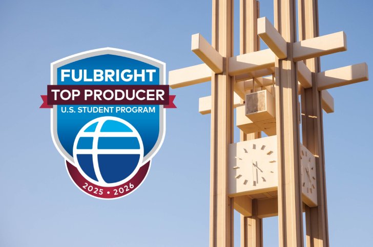 the clock tower with a badge superimposed that says "Fulbright Top Producer U.S. Student Program 2025-2026"