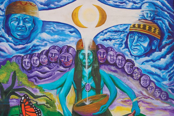 a mural depicting the Tongva story of “No-Moon” and “First-Moon” the twin sisters whose story is used to teach women how to protect and empower each other.