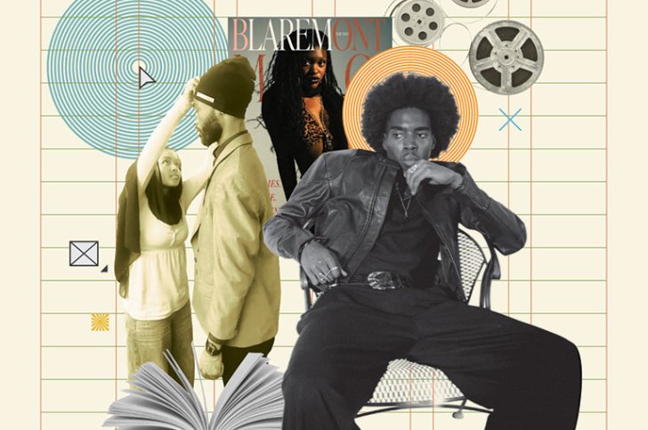 a collage of blaremont magazine images and portrait of Rahim Chilewa