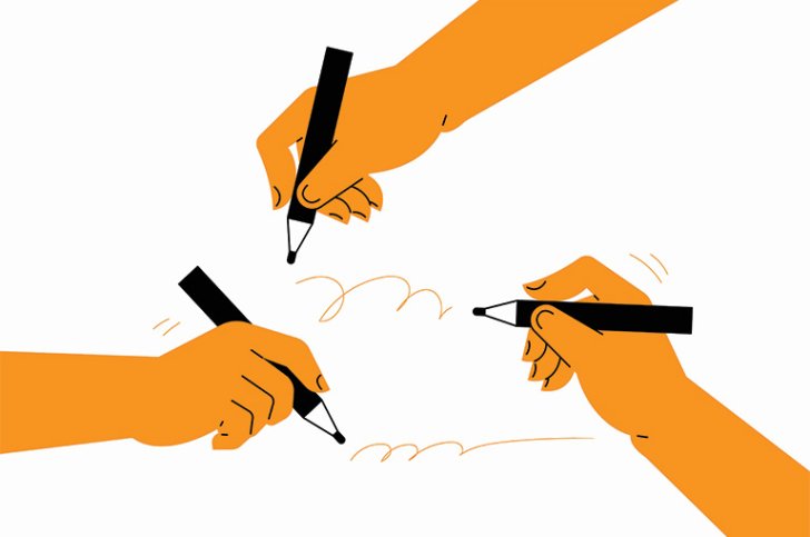 Three hands scribble on a white background