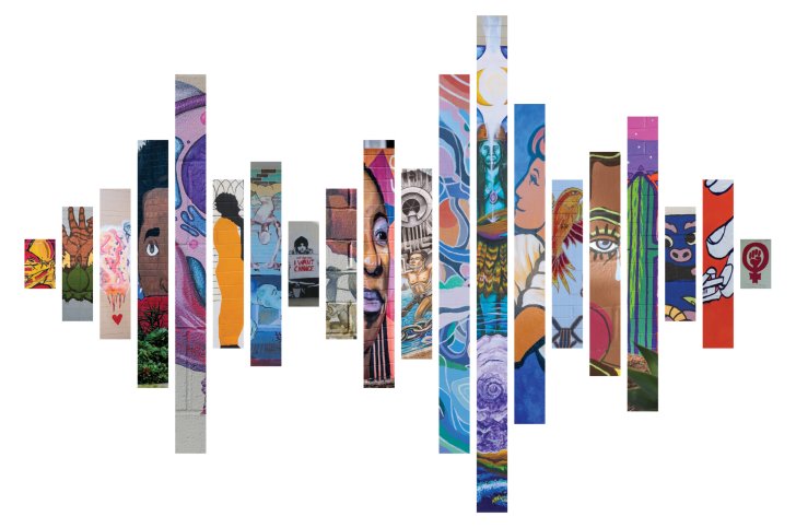 vertical lines with details of different mural paintings in each