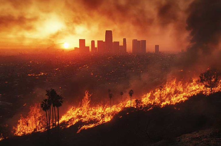 hillside wildfire with the silhouette of downtown Los Angeles in the background
