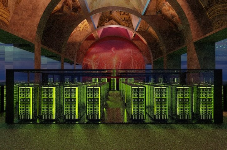 A cavernous room with several rows of bright green data stacks