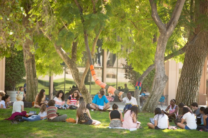 a circle of students sitting on the mounds taking notes while an instructor teaches