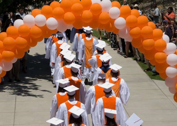 graduates in full regalia walk under an orange and white balloon arch