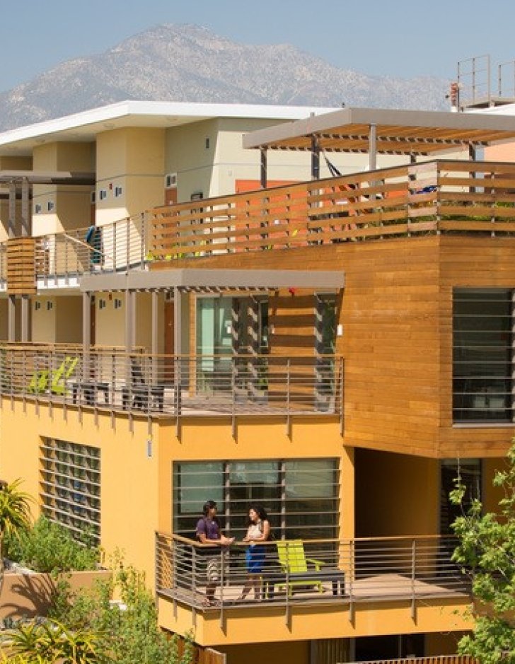 Aerial view of Pitzer's West and East residence halls.