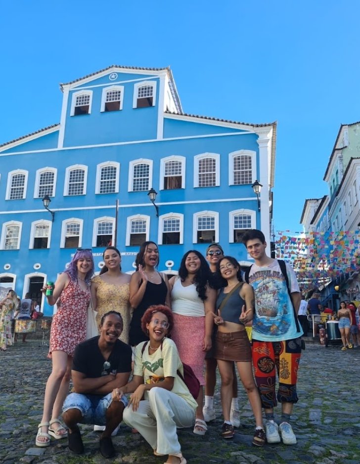 Photo of students in front of coloring buildings