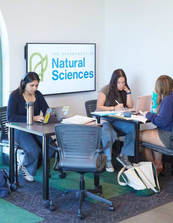 thtree students sit a table in a study room with the nucleus logo behind them