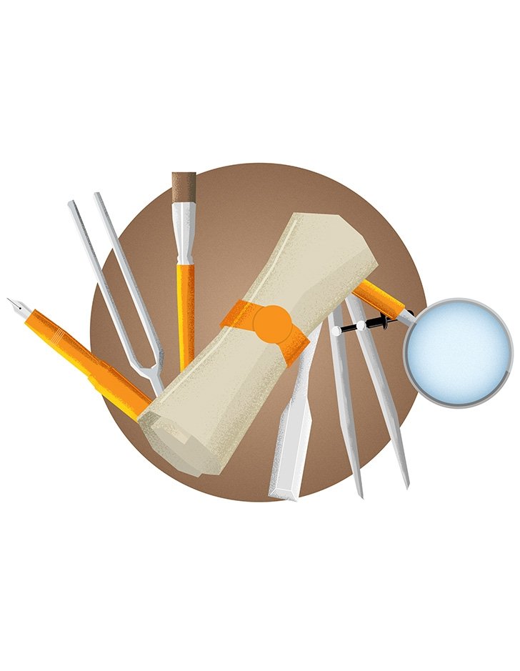 illustration of a scroll with a pen, tuner, brush, compass and magnifying glass