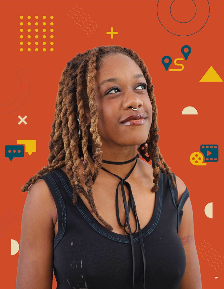 heatshot of Chi Adi against an orange background with a pattern of computer icons