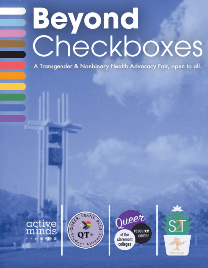 Poster for beyond checkboxes with design of the clocktower with the colors of the LGBTQIA+ flag on the side.