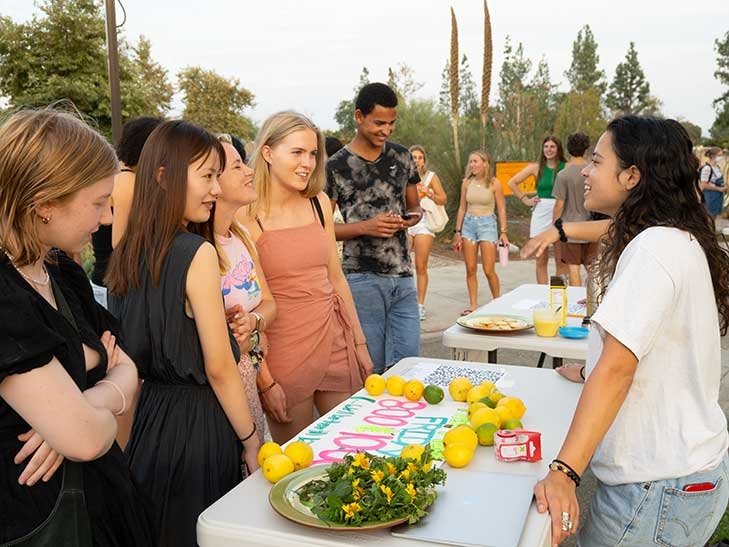 students meet with a club's table at the club fair on the mounds