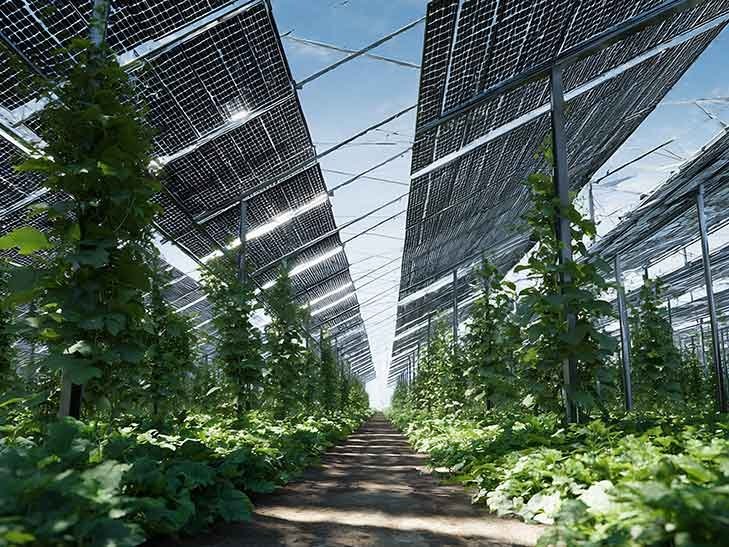 vines and ground crops grow under rows of solar panels