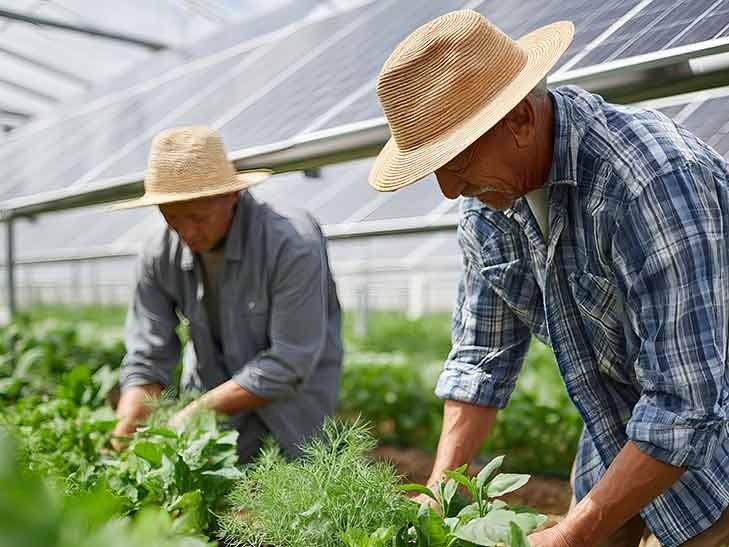 two farmers work with crops with solar panels in the background